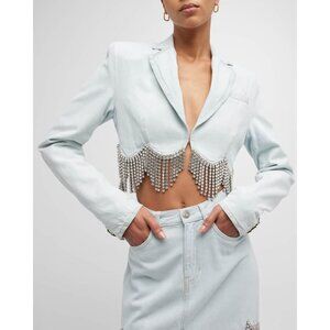 AREA Scalloped Crystal Crop Denim Blazer Jacket size 0